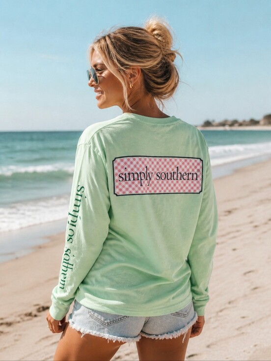 Simply Southern Tops - SIMPLY SOUTHERN Long Sleeve Tee Womens Small Green Pink Preppy Coastal